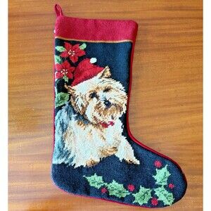 VTG Yorkie Yorkshire Terrier Needlepoint Stocking Wool Blend Christmas Velvet